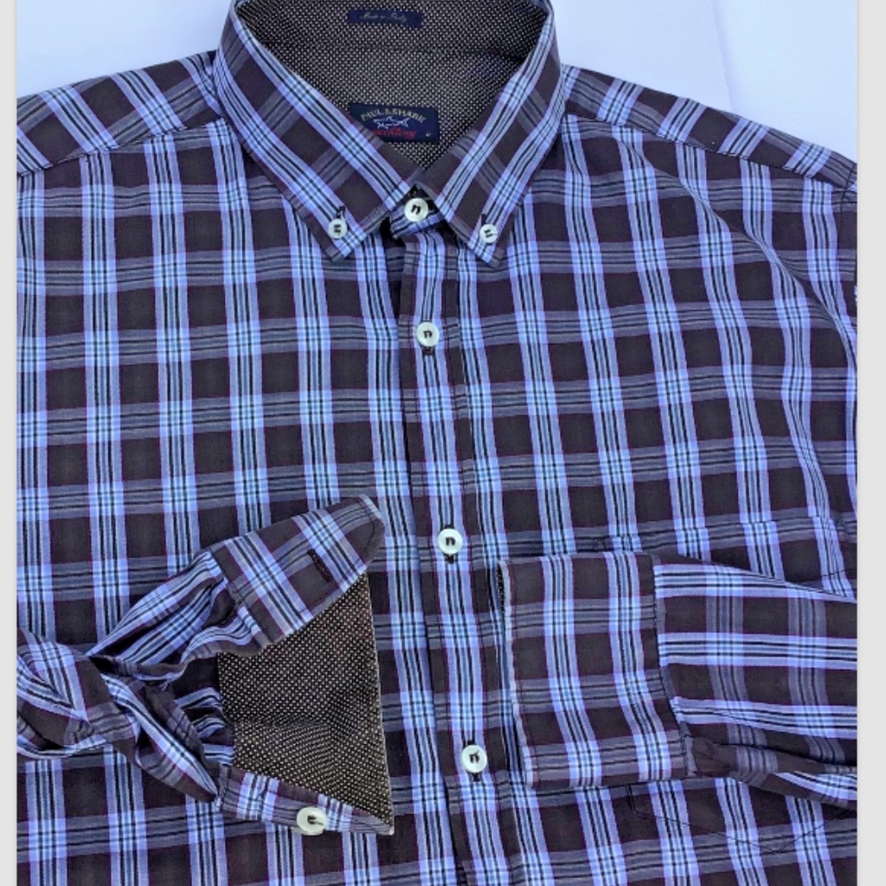 Paul & Shark brown  checkered cotton shirt Sz 16.5 / 43 made in Italy 🇮🇹